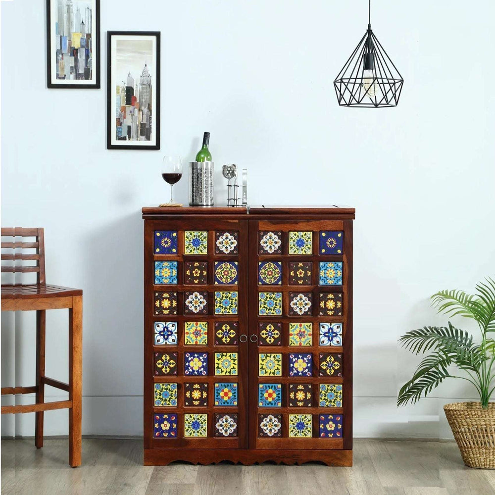 Rangrez Sheesham Wood Bar Cabinet In Honey Oak Finish