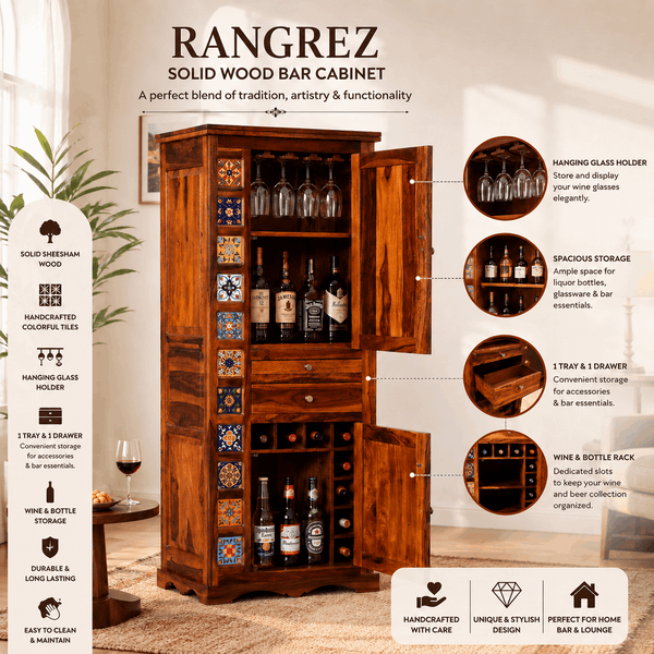 Rangrez Sheesham Wood Bar Cabinet In Honey Oak Finish