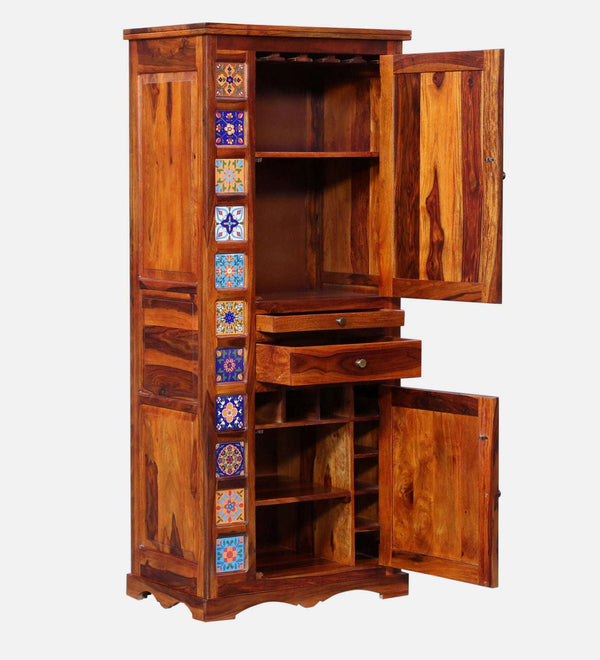 Rangrez Sheesham Wood Bar Cabinet In Honey Oak Finish