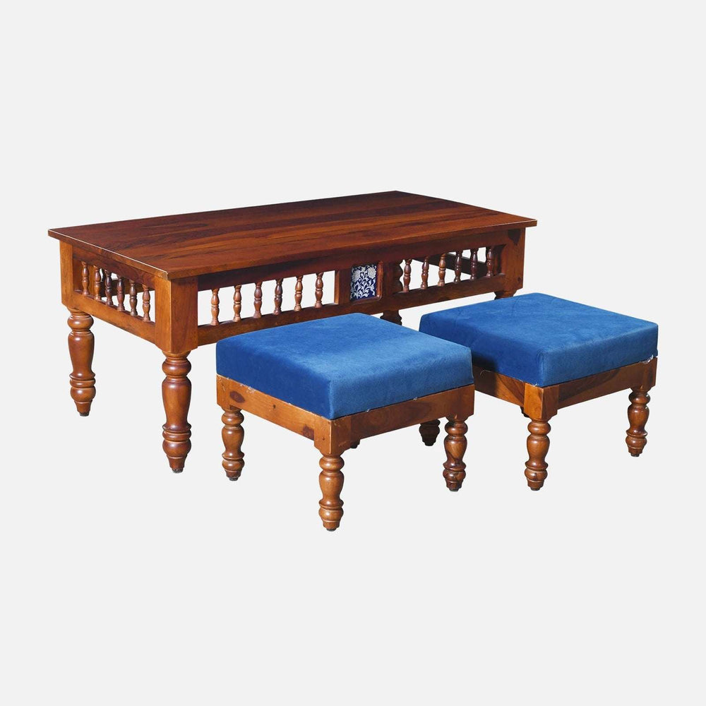 Nilaya Sheesham Wood Nesting Coffee Table Set in Honey Oak Finish With Cushioned Stools