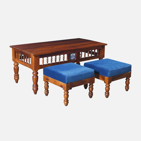 Nilaya Sheesham Wood Nesting Coffee Table Set in Honey Oak Finish With Cushioned Stools