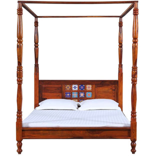 Rangrez Sheesham Wood Queen Size Poster Bed in Honey Oak Finish (60 - 78 inch Mattress Size)