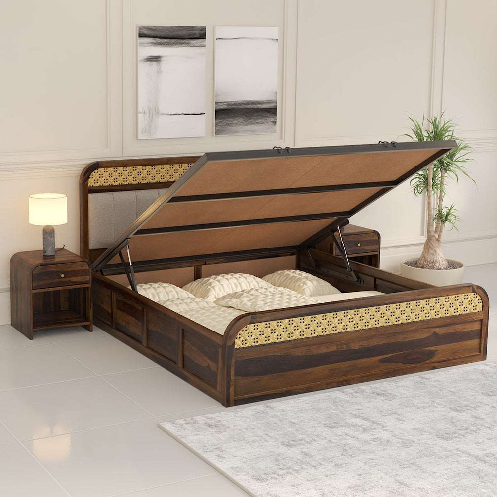 Floral Solid Wood Queen Size Hydrulic Storage Bed In Provincial Teak Finish (Beige) (60 - 78 inch)