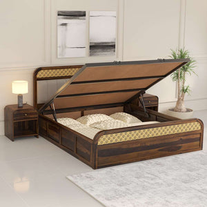 Floral Solid Wood Queen Size Hydrulic Storage Bed In Provincial Teak Finish (Beige) (60 - 78 inch)