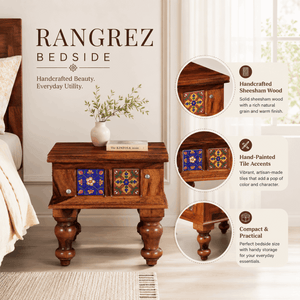 Rangrez Sheesham Wood Bedside Table In Honey Oak Finish