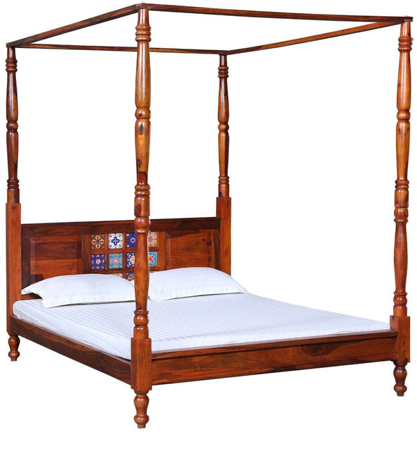 Rangrez Sheesham Wood Queen Size Poster Bed in Honey Oak Finish (60 - 78 inch Mattress Size)
