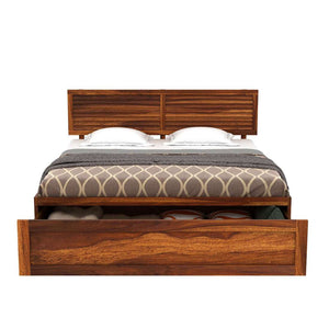 Hearti Sheesham Wood Queen Size Bed In Teak Finish With Box & Drawer Storage (60 x 78 inches)