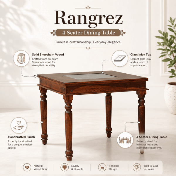 Rangrez Sheesham Wood 4 Seater Dining Table In Honey Oak Finish