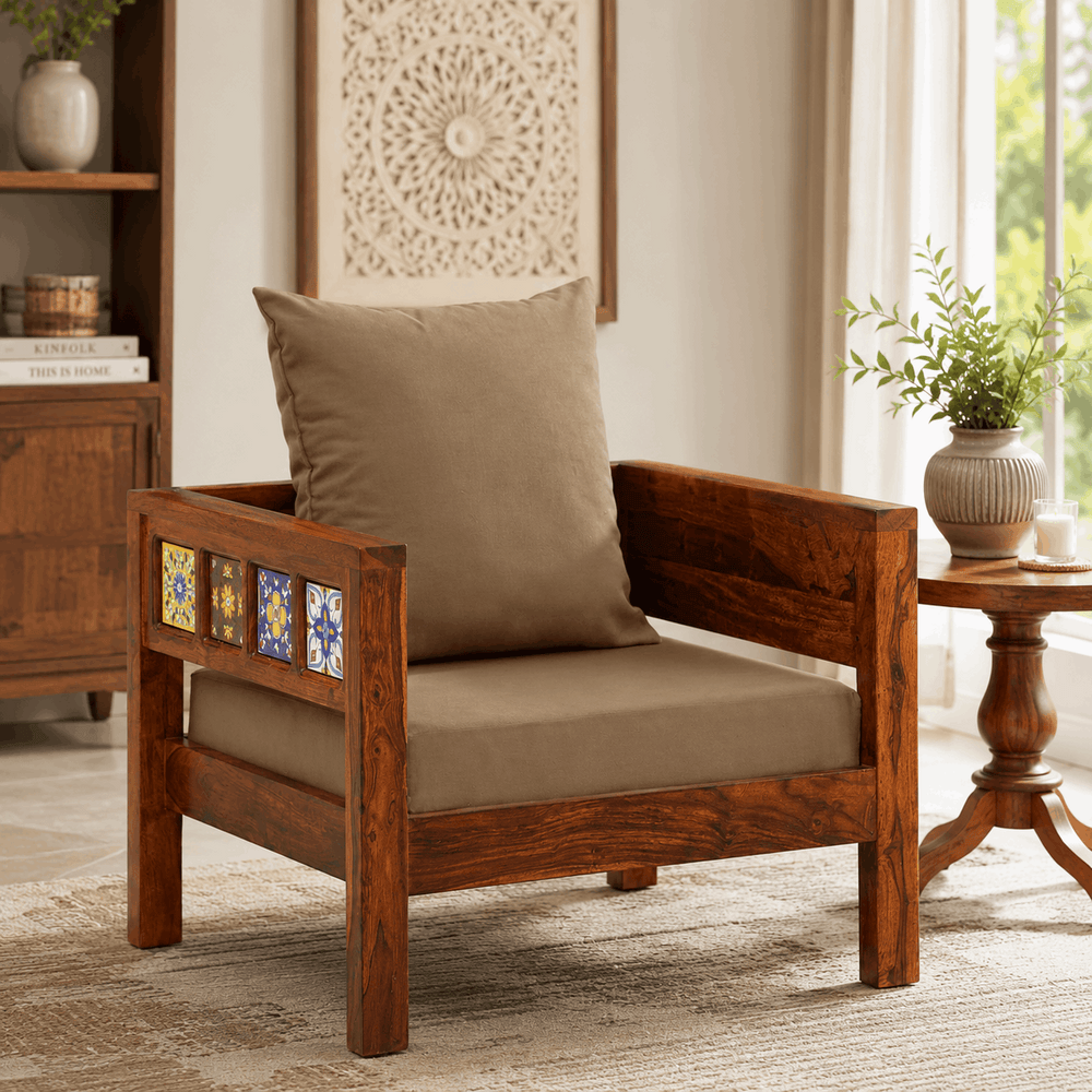 Rangrez Sheesham Wood 1 Seater Sofa In Honey Oak Finish with Beige Cushioned Chair
