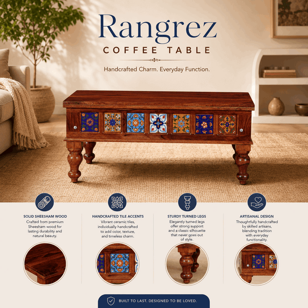 Rangrez Sheesham Wood Large Coffee Table In Honey Oak Finish