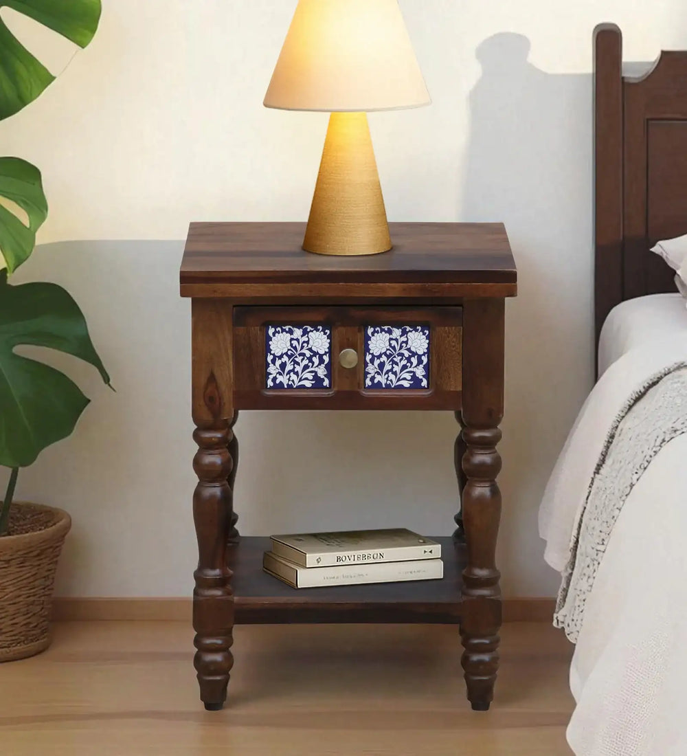 Nilaya Sheesham Wood Bedside Table In Provincial Teak Finish With Drawer