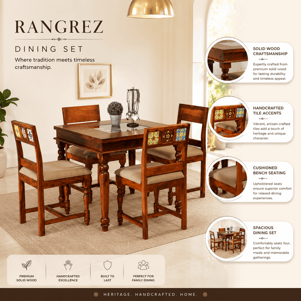 Rangrez Sheesham Wood 4 Seater Dining Set In Honey Oak Finish With Cushioned Chair