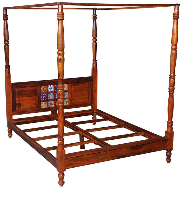 Rangrez Sheesham Wood Queen Size Poster Bed in Honey Oak Finish (60 - 78 inch Mattress Size)