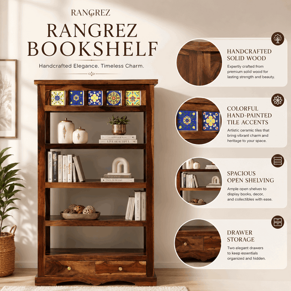 Rangrez Sheesham Wood Book Shelf In Provincial Teak Finish