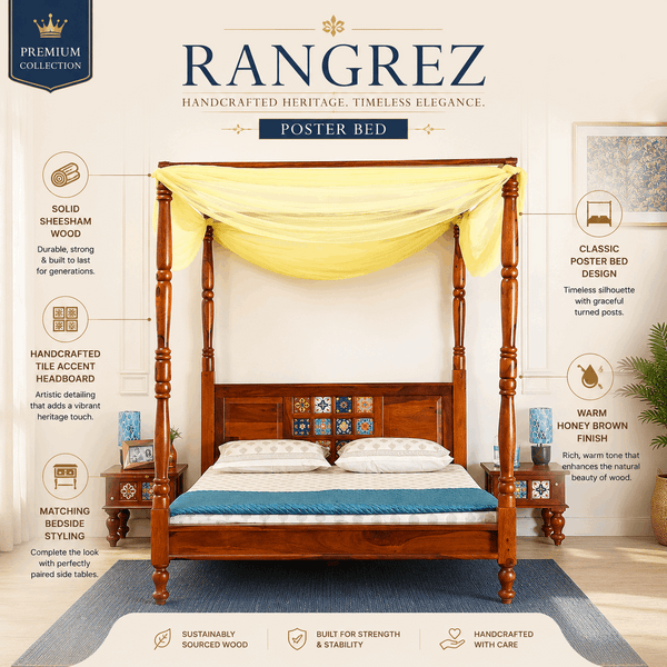 Rangrez Sheesham Wood Queen Size Poster Bed in Honey Oak Finish (60 - 78 inch Mattress Size)