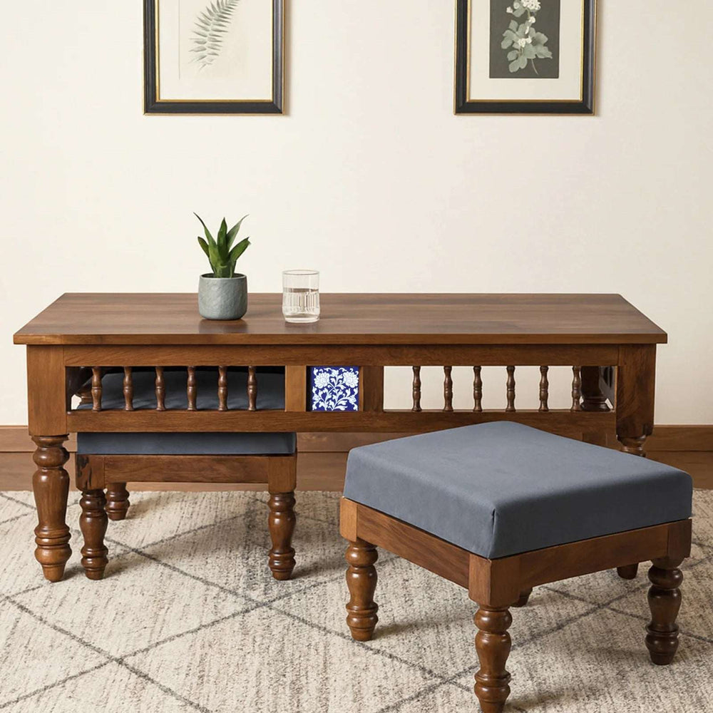 Nilaya Sheesham Wood Nesting Coffee Table Set in Provincial Teak Finish With Cushioned Stools