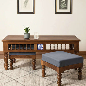 Nilaya Sheesham Wood Nesting Coffee Table Set in Provincial Teak Finish With Cushioned Stools