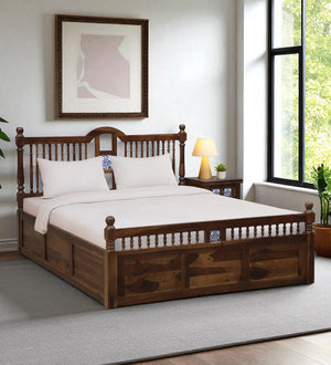 Nilaya Sheesham Wood Queen Size Bed In Provincial Teak Finish With Box Storage (60 - 78 inch Mattress Size)