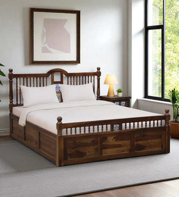 Nilaya Sheesham Wood Queen Size Bed In Provincial Teak Finish With Box Storage (60 - 78 inch Mattress Size)