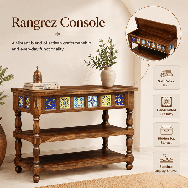 Rangrez Sheesham Wood Console Table In Provincial Teak Finish