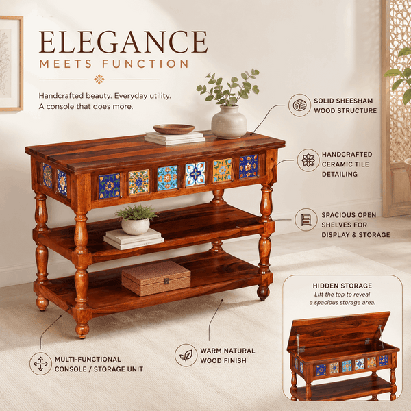 Rangrez Sheesham Wood Console Table In Honey Oak Finish