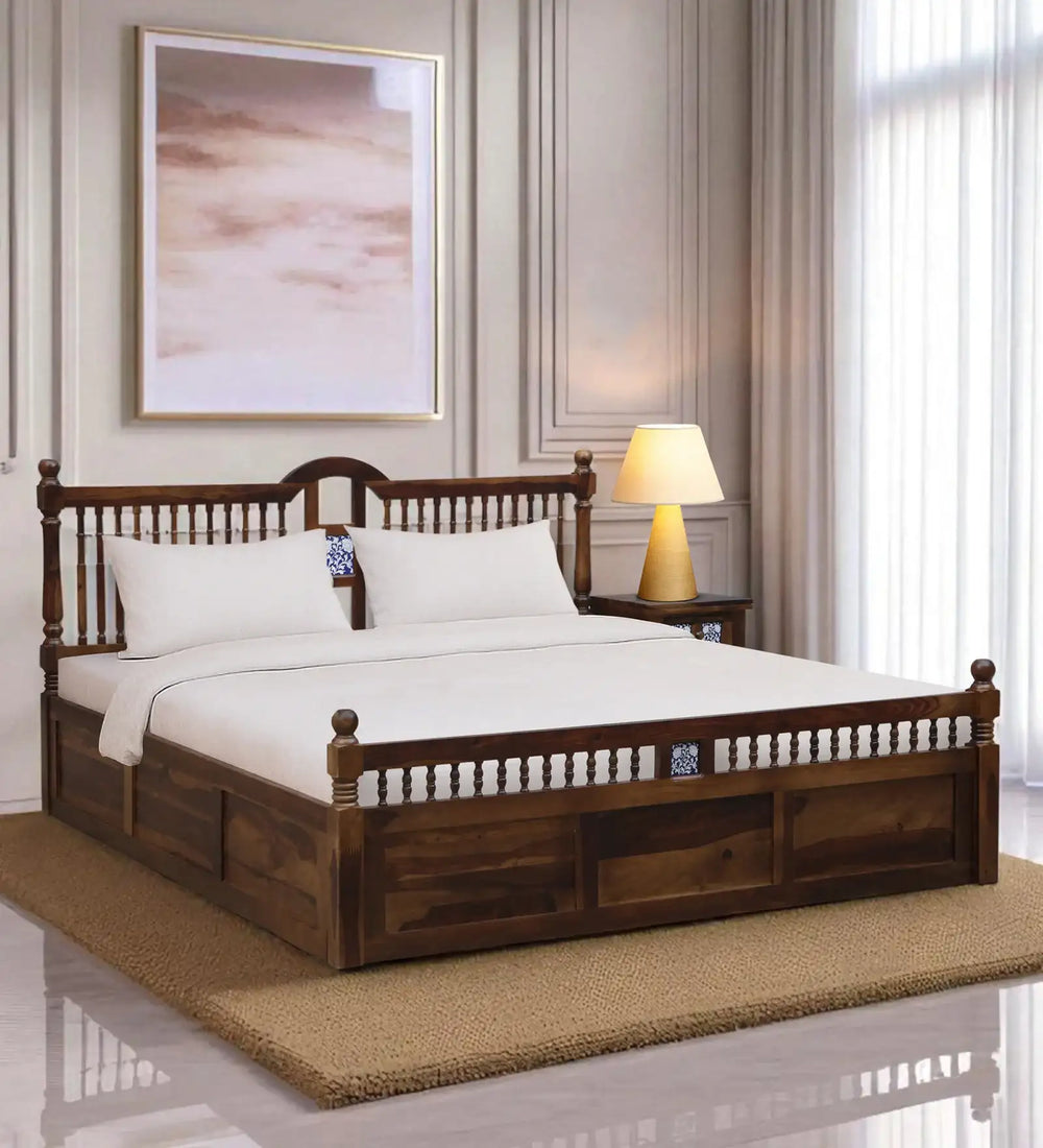 Nilaya Sheesham Wood King Size Bed In Provincial Teak Finish With Box Storage (72 - 78 inch Mattress Size)