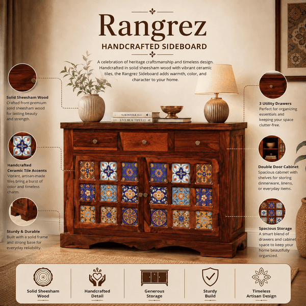 Rangrez Sheesham Wood Sideboard In Honey Oak Finish