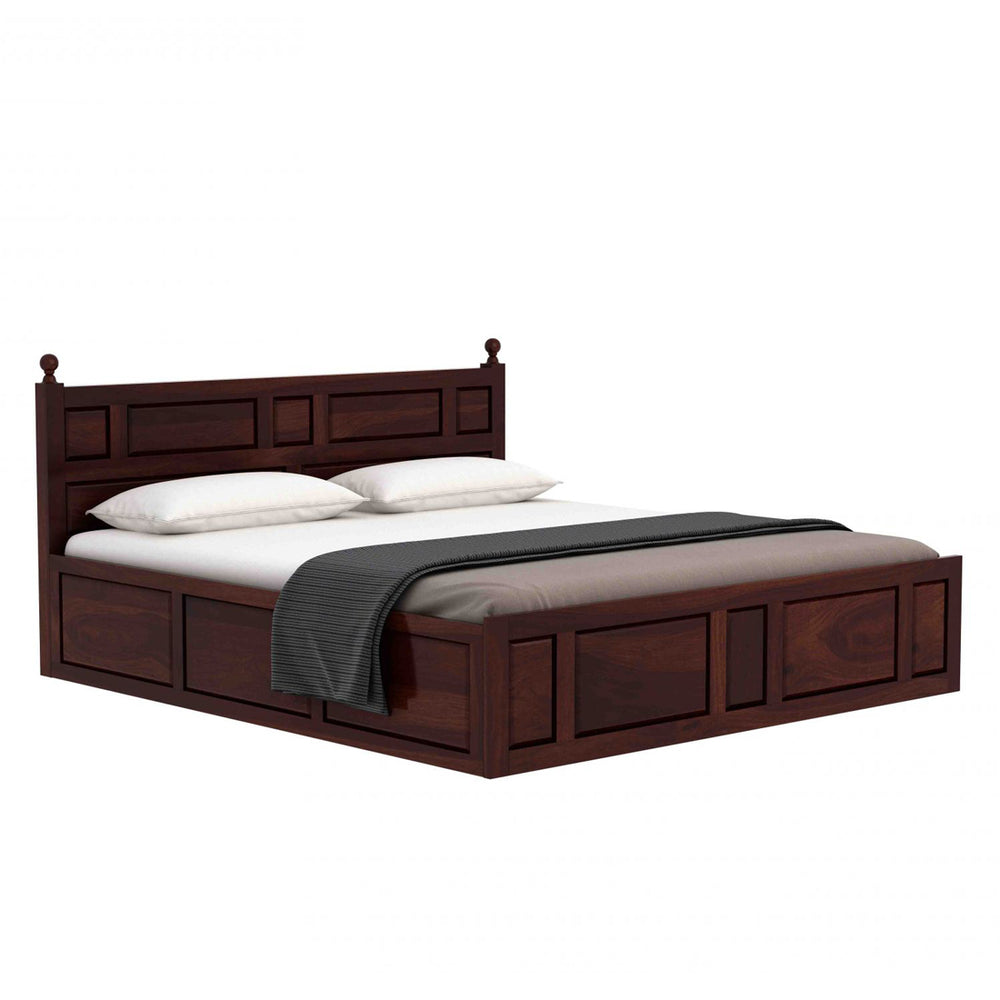 Krispy Sheesham Wood Queen Size Bed In Walnut Finish With Box Storage (60 x 78 inches)