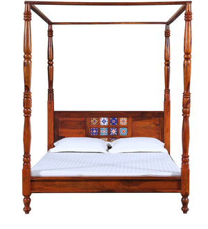 Rangrez Sheesham Wood King Size Poster Bed in Honey Oak Finish (72 - 78 inch Mattress Size)