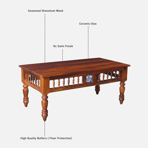 Nilaya Sheesham Wood Nesting Coffee Table Set in Honey Oak Finish With Cushioned Stools