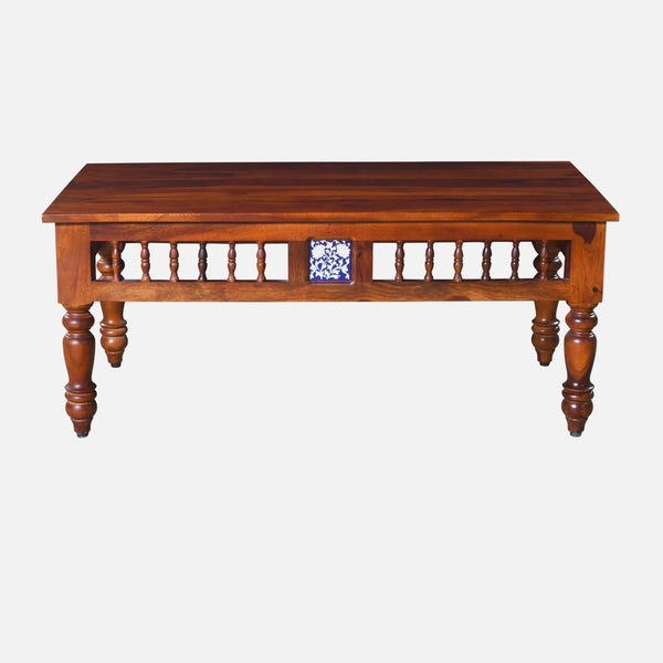 Nilaya Sheesham Wood Nesting Coffee Table Set in Honey Oak Finish With Cushioned Stools