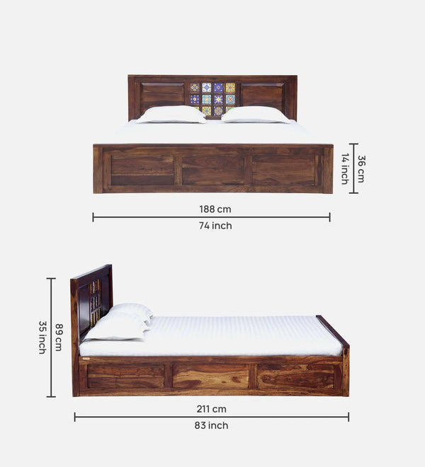 Rangrez Sheesham Wood King Size Bed In Provincial Teak Finish With Box Storage (72 - 78 inch Mattress Size)