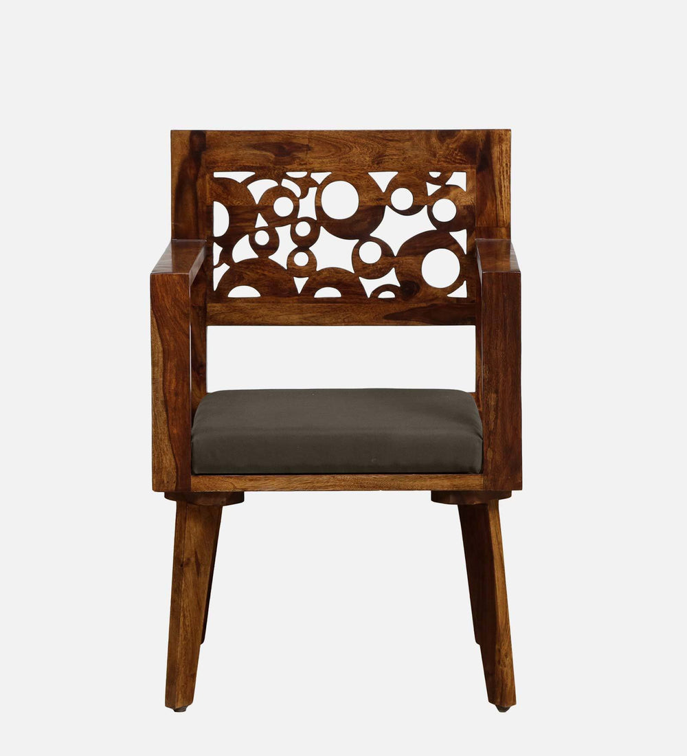 Lifty Sheesham Wood Arm Chair in Provincial Teak Finish With Olive Cushion
