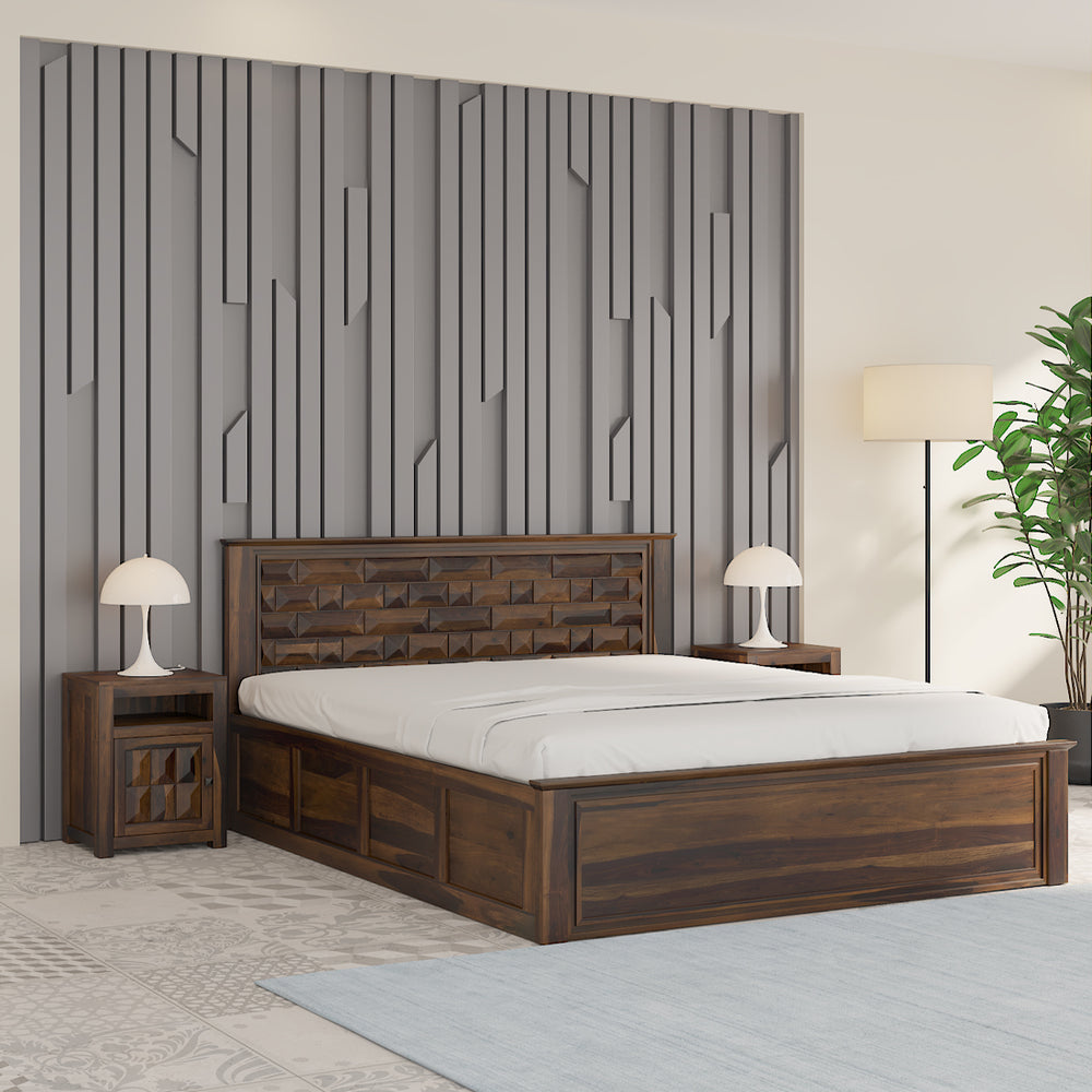 Yashika Sheesham Wood Queen Size Bed In Provincial Teak Finish With Hydraulic Storage (60 x 78 inches)
