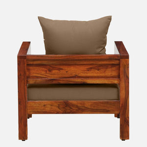 Rangrez Sheesham Wood 1 Seater Sofa In Honey Oak Finish with Beige Cushioned Chair
