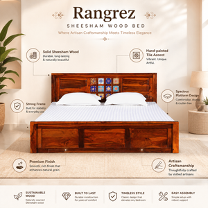 Rangrez Sheesham Wood King Size Bed In Honey Oak Finish With Box Storage (72 - 78 inch Mattress Size)