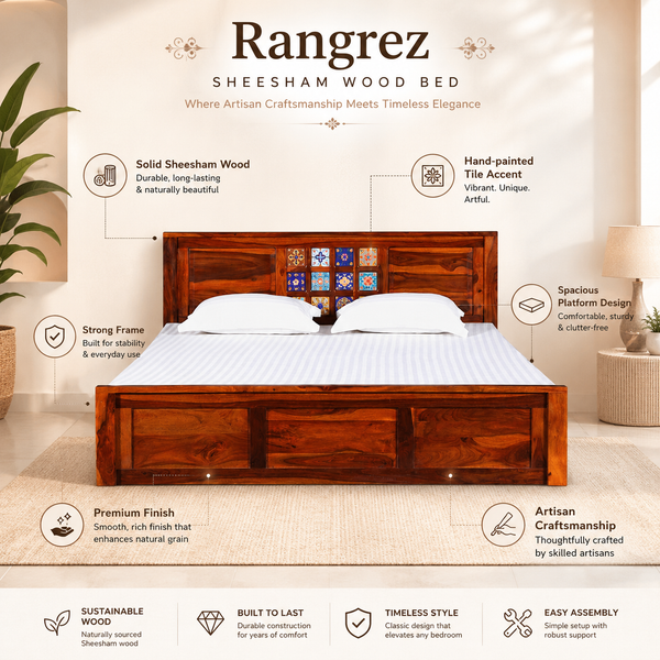 Rangrez Sheesham Wood King Size Bed In Honey Oak Finish With Box Storage (72 - 78 inch Mattress Size)
