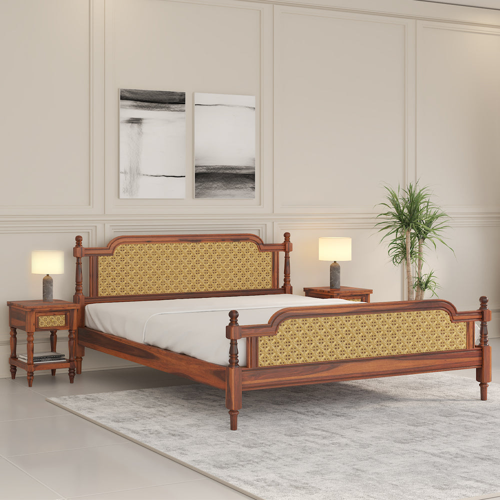 Malacca Solid Wood Queen Size Non - Storage Bed In Honey Oak Finish (72 - 78 inch)