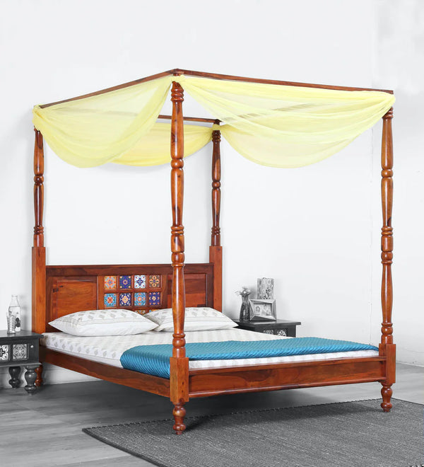 Rangrez Sheesham Wood King Size Poster Bed in Honey Oak Finish (72 - 78 inch Mattress Size)
