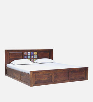 Rangrez Sheesham Wood King Size Bed In Provincial Teak Finish With Box Storage (72 - 78 inch Mattress Size)