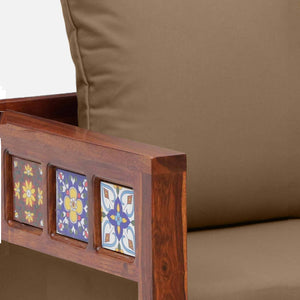 Rangrez Sheesham Wood 1 Seater Sofa In Honey Oak Finish with Beige Cushioned Chair