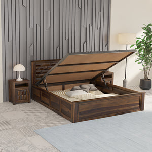 Yashika Sheesham Wood Queen Size Bed In Provincial Teak Finish With Hydraulic Storage (60 x 78 inches)
