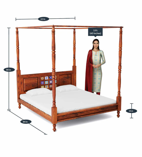 Rangrez Sheesham Wood Queen Size Poster Bed in Honey Oak Finish (60 - 78 inch Mattress Size)