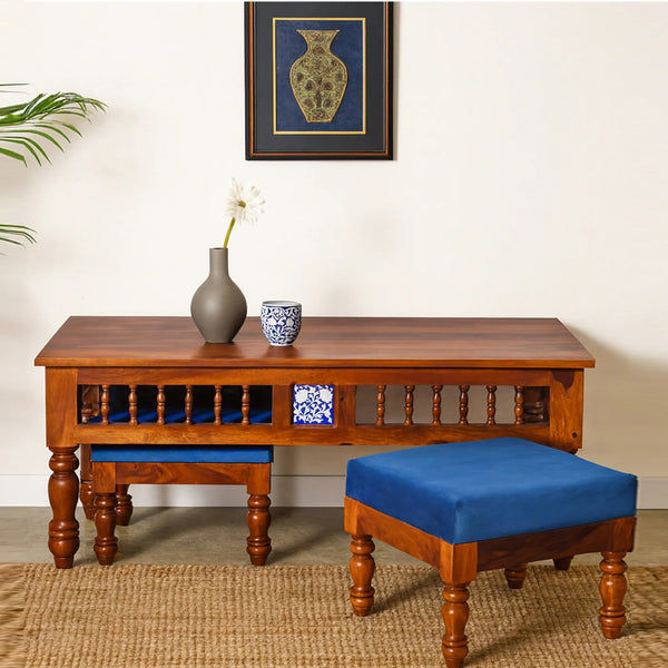 Nilaya Sheesham Wood Nesting Coffee Table Set in Honey Oak Finish With Cushioned Stools