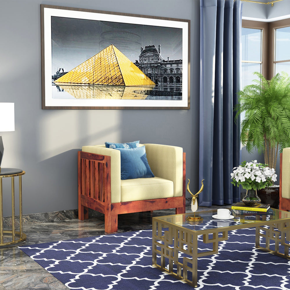 Prashiv 2+1+1 Seater Wooden Sofa (Creame Colour, Teak Finish)