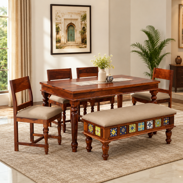 Rangrez Sheesham Wood 6 Seater Dining Set In Honey Oak Finish With Cushioned Bench