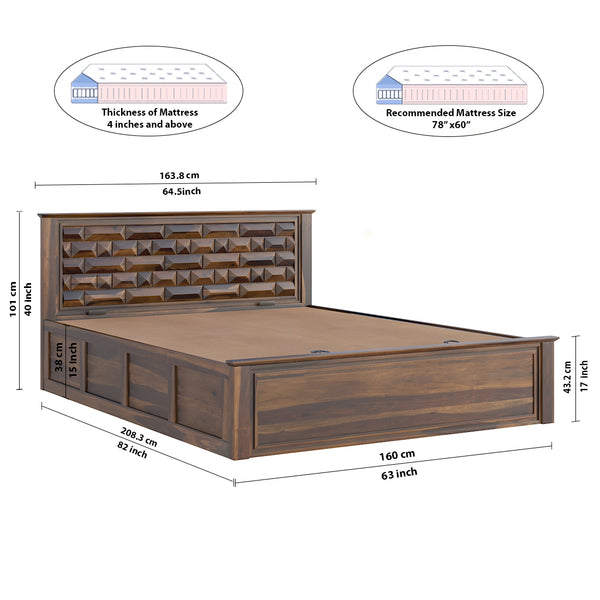 Yashika Sheesham Wood Queen Size Bed In Provincial Teak Finish With Hydraulic Storage (60 x 78 inches)