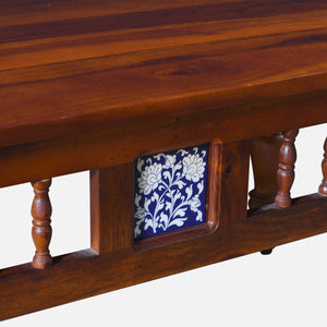 Nilaya Sheesham Wood Nesting Coffee Table Set in Honey Oak Finish With Cushioned Stools