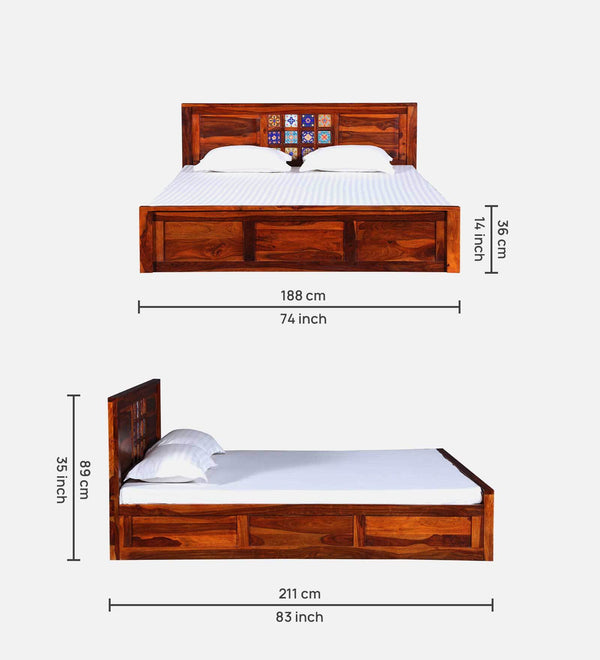 Rangrez Sheesham Wood King Size Bed In Honey Oak Finish With Box Storage (72 - 78 inch Mattress Size)