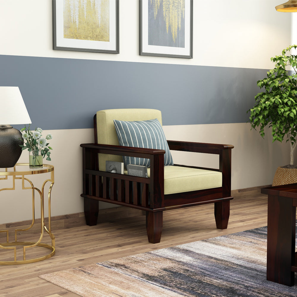 Madhavi 1 Seater Wooden Sofa (Creame Colour, Walnut Finish)